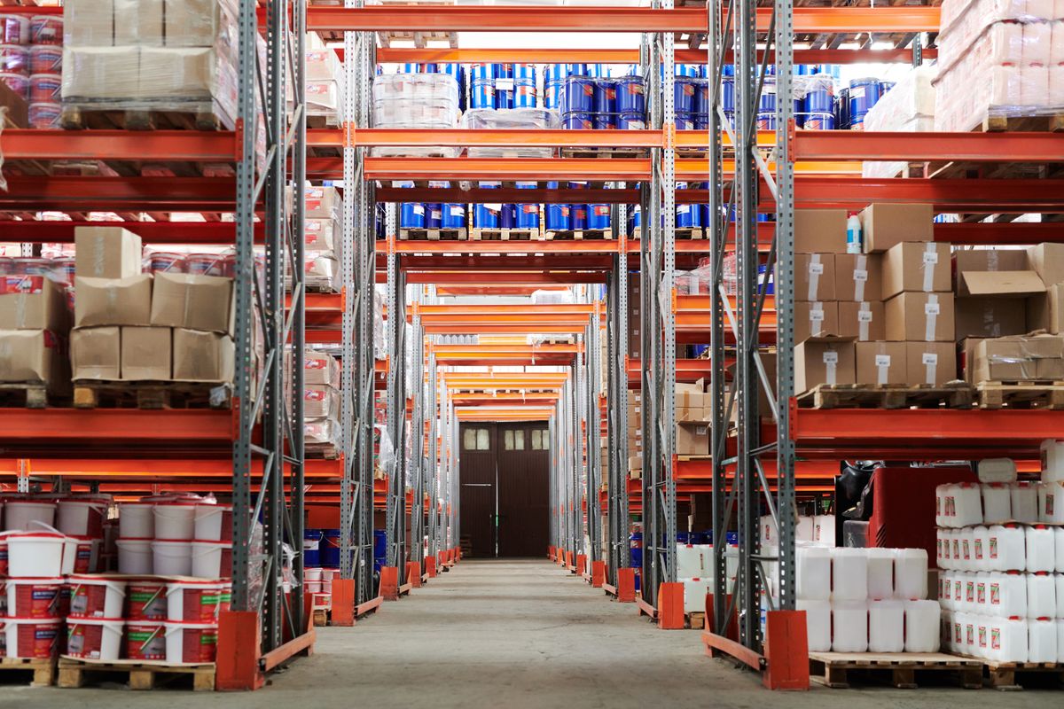 Distribution warehouse interior with pallet racking
